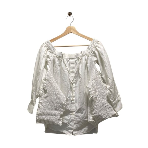 MSGM Milano Off Shoulder Smocked Button Down Blouse White Size 42 NWOT Designer - Picture 3 of 15